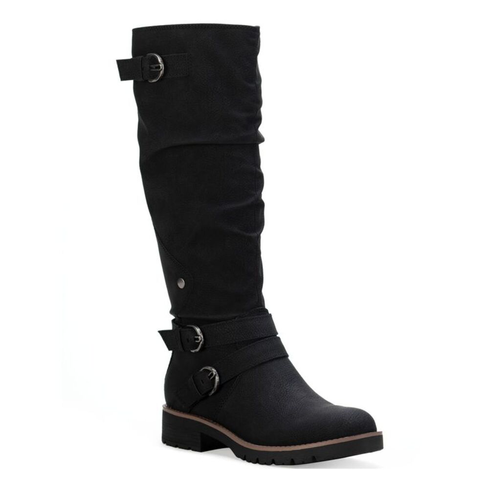 SUN STONE Womens Black Stretch Brinley Round Toe Block Heel Riding Boot 5.5 M